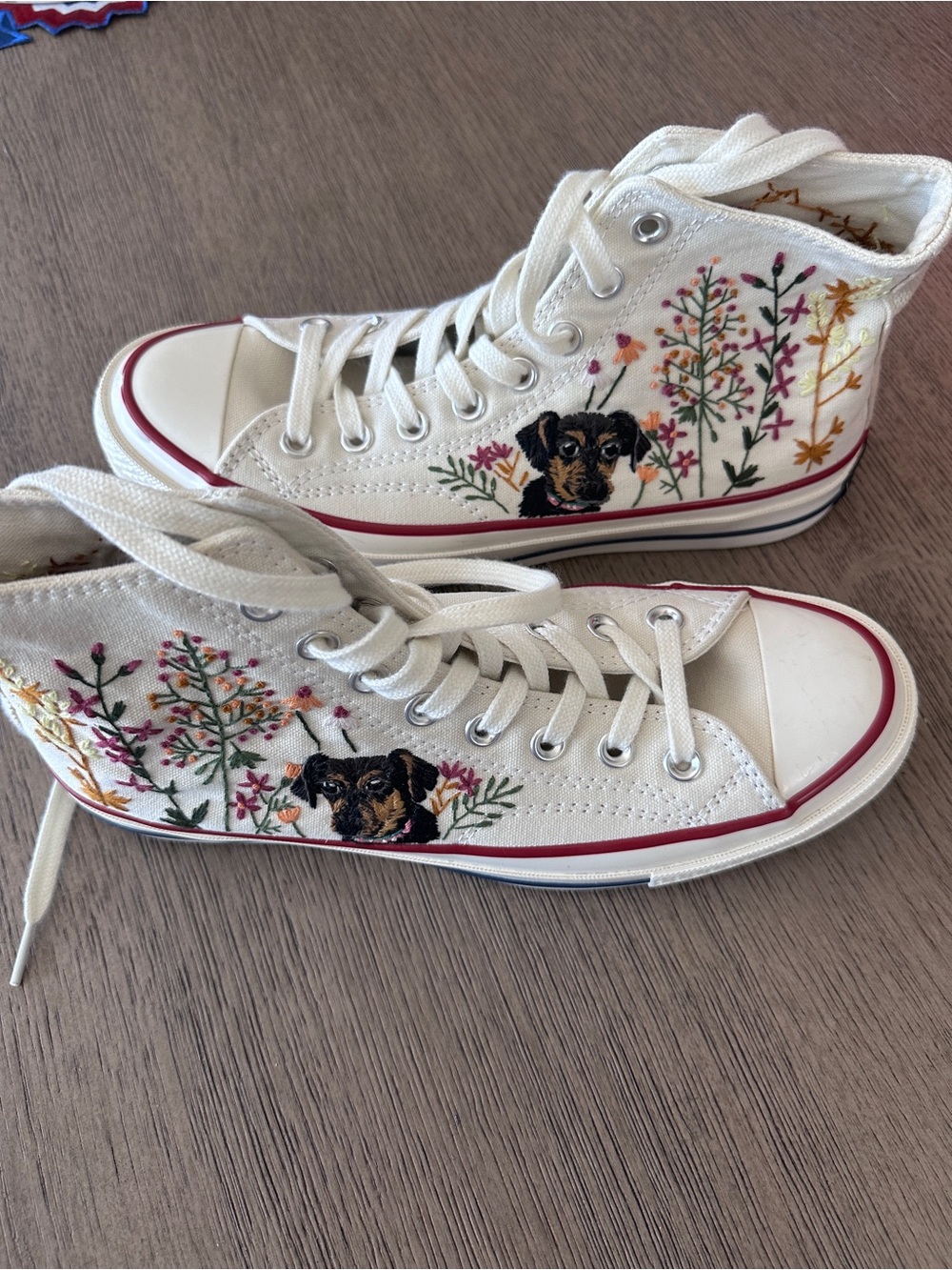 Converse High Top Sneakers Cream with Floral Embroidery & a dog (dachshund) - Picture 3 of 6